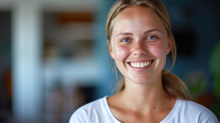 Cheerful Young Woman Enjoying a Light Moment in a Casual Setting