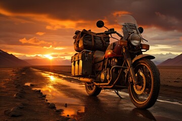 Obraz premium Lonely motorcyclist traveling golden dunes at sunset in the desert., generative IA