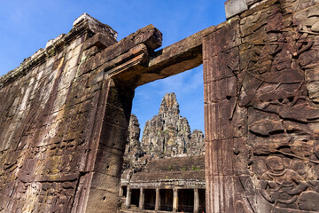 Ruins of historic Bayon Temple , Angkor Thom ,Cambodia