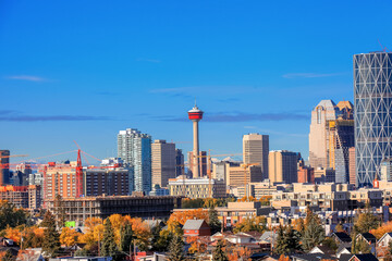 View of the Calgary city skyline from Edowrthy Park in Alberta, Canada.