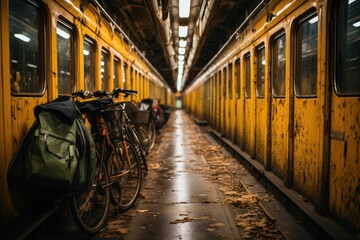 Folding bikes aligned on the train, ready for journey., generative IA