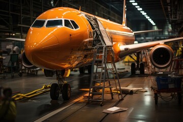Maintenance team inspects plane thoroughly in the hangar., generative IA