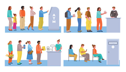 Cartoon people people in lines. Long queues to various services, atm, bank, cash register, doctor office, men and women waiting, vector set.eps