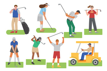 Fototapeta na wymiar Cartoon golfers in poses. People with clubs trying to score balls in holes, champion golf club, happy players on green fields, vector set.eps