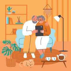 Elderly couple use gadgets. Grandparents in room interior chat with children and relatives, cartoon seniors on sofa, vector illustration.eps