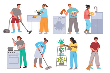 Fototapeta na wymiar People do household chores. Cartoon men and women in cleaning and washing process apartment, professional housekeeper service, vector set.eps