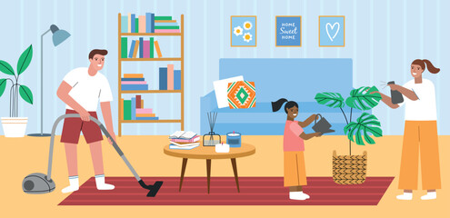 Family puts things in order in hall. Parents with daughter vacuuming floor and watering flowers, household chores, vector illustration.eps