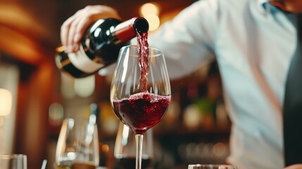 With flawless precision, a waiter's hand releases a scarlet waterfall of red wine, embodying the passion and allure found within each sip.