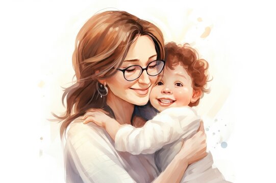 Illustration of a mother in glasses holding a child on a white background. Mother's Day concept.
