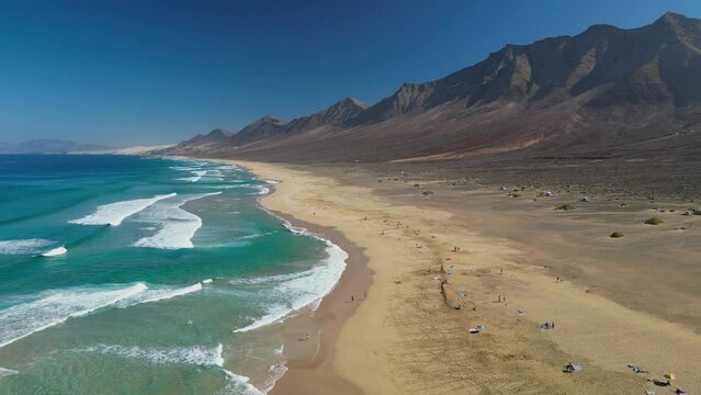 The drone aerial footage of Cofete beach in Fuerteventura Island, Canary Islands, Spain. Playa de Cofete, one of the best beaches in Fuerteventura.