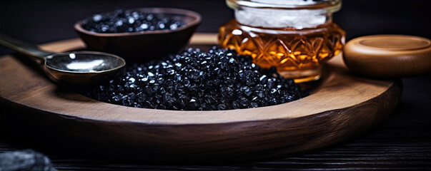 Black caviar on wooden table or board. luxury caviar meal concept