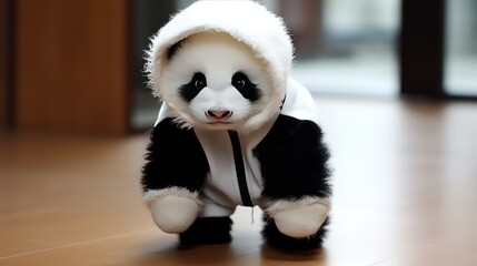 Cute panda bear toy with white fur and black shirt.