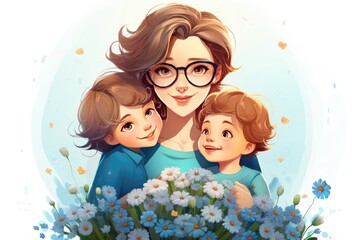 Illustration of a mother in glasses holding a child on a white background. Mother's Day concept.