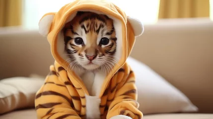 Deurstickers Cute little tiger in pajamas sitting on sofa at home © HA