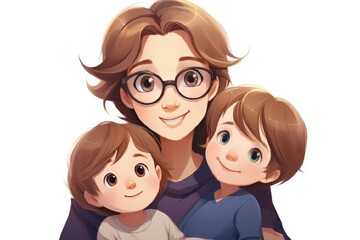 Illustration of a mother in glasses holding a child on a white background. Mother's Day concept.