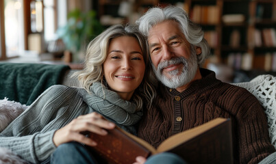 Retired couple resting together on sofa with favourite book. Family leisure and hobby