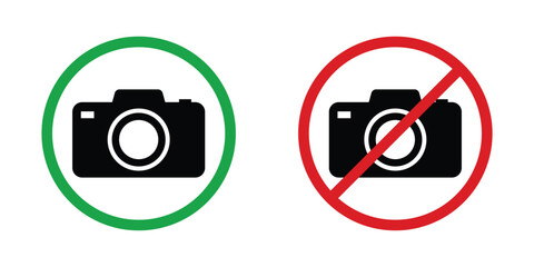 camera icon prohibition with red circle, camera icon allowed with green circle vector