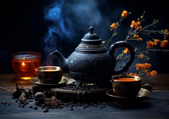 Foto op Aluminium Black iron teapot in traditional asian style on dark wooden background © Irina Bort