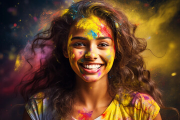 Obraz premium Portrait of young woman in colorful powder on indian street, Holi festival