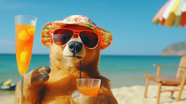 Dog in hat and sunglasses drinking cocktail on the beach, summer vacation concept