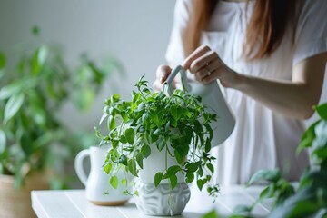 Female watering potted indoor houseplant on table from metal watering can. Woman working with plants as hobby or leisure occupation - obrazy, fototapety, plakaty
