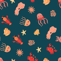 Seamless pattern with sea animals. Crab, crayfish, cuttlefish, jellyfish. Endless design for your design.	
