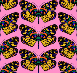 Abstract Hand Drawing Colorful Tile Art Deco Monarch Butterflies Seamless Vector Pattern Isolated Background