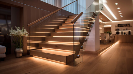 A luxurious wooden staircase with frameless glass balustrades, LED lighting under the handrails...