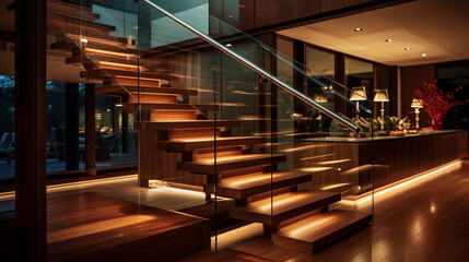 A luxurious wooden staircase with transparent glass sides, under-handrail LED lighting subtly enhancing the ambiance in a sophisticated home. - Powered by Adobe