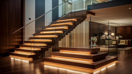 A luxurious wooden staircase with transparent glass sides, under-handrail LED lighting subtly...