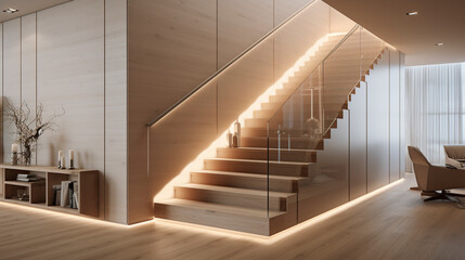 A minimalist light beech wood staircase with glass sides, LED strip lighting under the handrails...