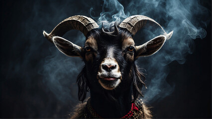 horned goat on black background