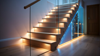 A light maple wooden staircase with glass balustrades, complemented by soft LED lighting under the...
