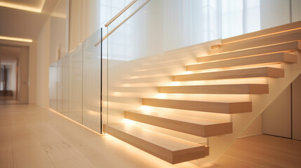 A light maple wooden staircase with glass balustrades, complemented by soft LED lighting under the...