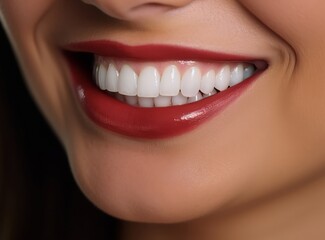 This is a close-up portrait of a girl smile with bright white teeth and red lips. The image showcases dental care, oral hygiene, beauty, and happiness.