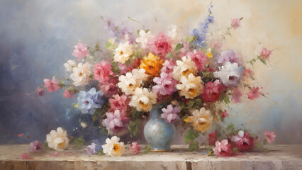 Flower bouquet in vase on wooden background. Digital painting