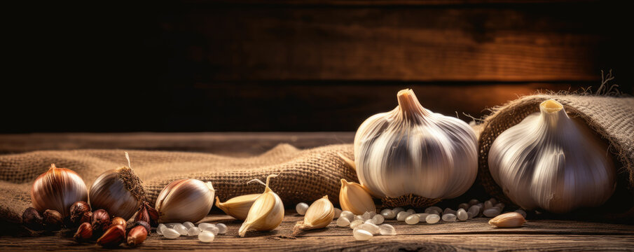 Fresh garlic cloves and bulbs on wooden table. Garlic banner