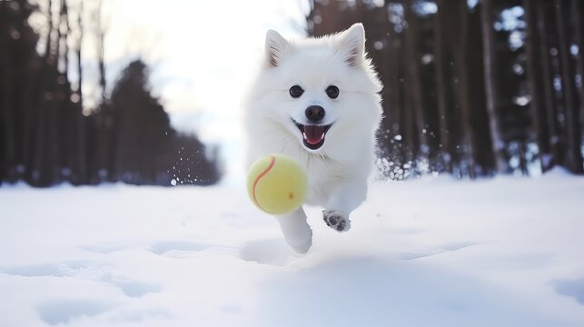 White Samoyed dog running in the snow with a tennis ball