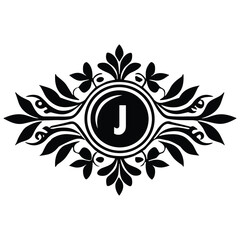 Floral botanical alphabet. J Letter with plants and flowers