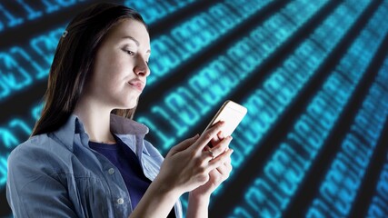 Portrait of Woman with Software and Coding, holding phone