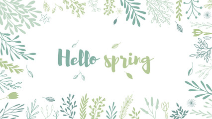 Hello spring banner with floral elements. Fresh 'Hello Spring' Design Surrounded by Greenery and Florals. Hello Spring floral design. Hello spring floral frame.