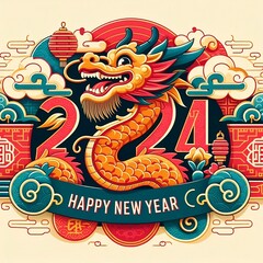 2024 Chinese New Year banner with numbers,smiling dragon,chinese pattern,cloud,wishing.Lunar new year background with zodiac symbol.Template design for greeting  created with generative ai