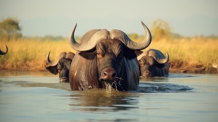 African buffalo (Syncerus caffer) in water, Kruger National Park, South Africa - obrazy, fototapety, plakaty