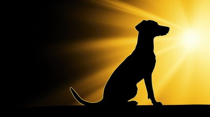 Vector silhouette of dog on a black background with rays of light.