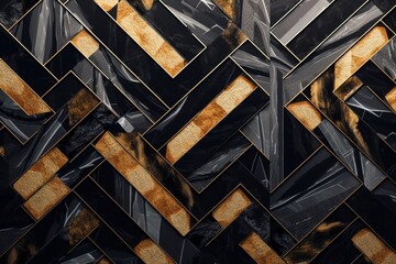 A captivating abstract marble mosaic displaying an intricate blend of black and gold, creating an ambiance of luxury and elegance. 8k,