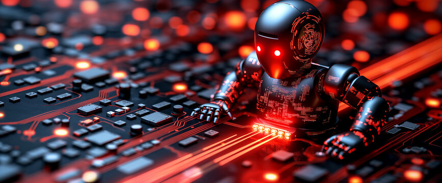 black robotic figure with red glowing eyes on an electronic circuit board with red lights and circuits, suggesting advanced technology