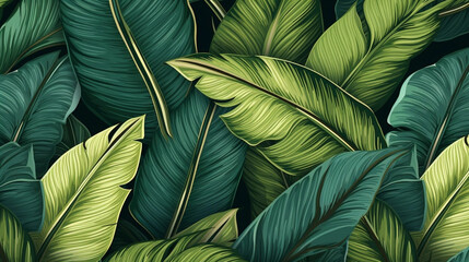 Tropical seamless pattern with beautiful palm, banana leaves. Hand-drawn vintage 3D illustration. Glamorous exotic abstract background design. Luxury design for wallpaper, napkins etc. Background