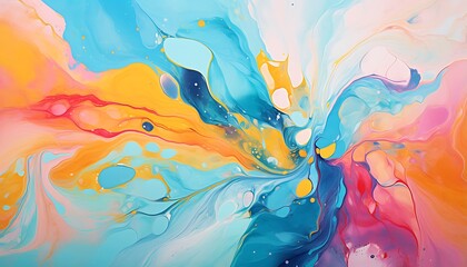 Abstract background of acrylic paint in blue, orange, yellow and pink colors - obrazy, fototapety, plakaty