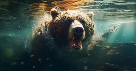 Rolgordijnen Portrait of a brown bear swimming in the water in the pool © PixStudio
