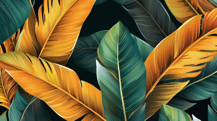 Tropical seamless pattern with beautiful palm, banana leaves. Hand-drawn vintage 3D illustration. Glamorous exotic abstract background design. Luxury design for wallpaper, napkins etc. Background